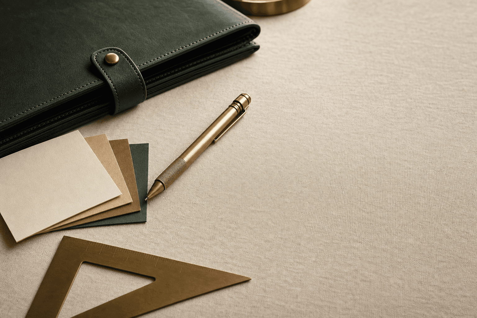Editorial still life of a craftsman's tools — brass pen, set square, leather portfolio and swatch cards