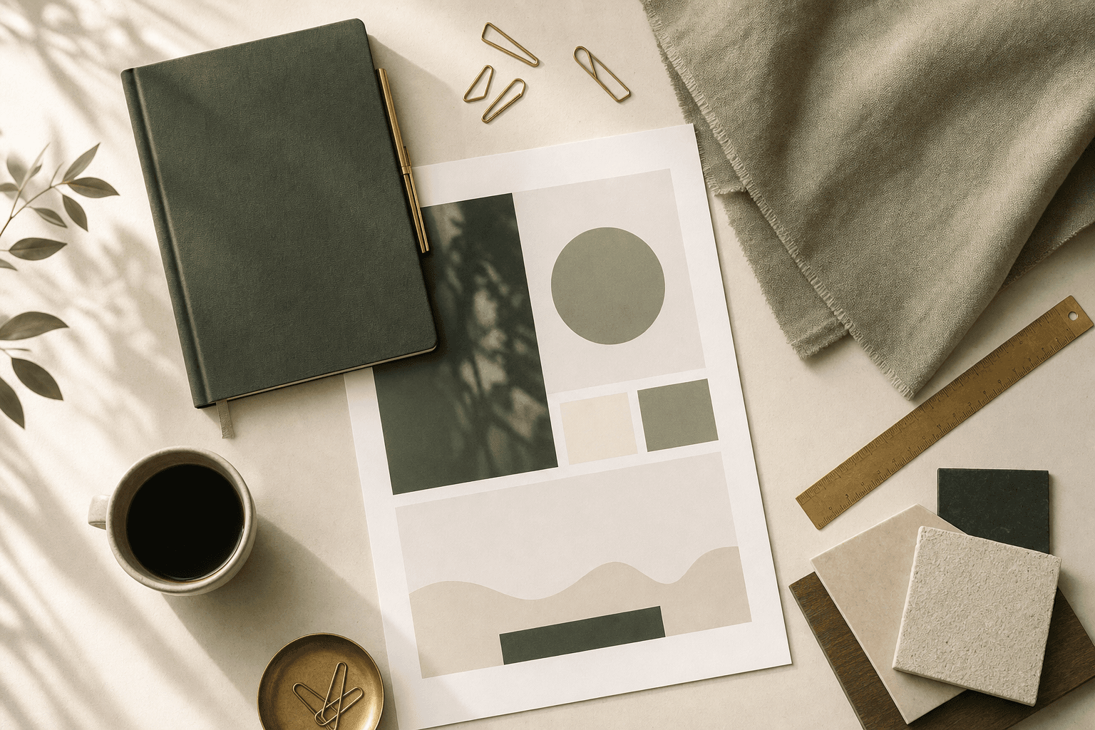 An editorial flat-lay of an enterprise AI operations desk: signal feeds, a plugin suite dashboard, and a brass pen on forest-green